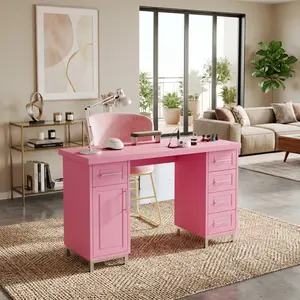43 Inch Nail Tech Desk, Wooden Manicure Table with 5 Drawers and Cabinet, Professional Nail Station Workbench with Storage, Pink Black White Multicolor Manicure Desk for Home Salon Use