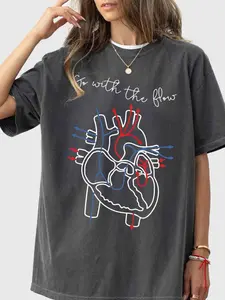Retro Comfort Go With The Flow Geometric Casual Fitted Heart Streetwear T Shirt, Nurse Shirt, CVICU Nurse Gift For Women, Nurse Appreciation Gift, Cardiac Nurse Shirt, EKG Tech Tee
