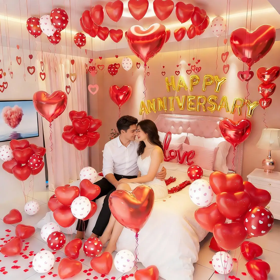 Valentine's Day Balloon Set, Happy Anniversary Letters, Heart Love Aluminum Latex Balloons, Wedding Party Decorations, Foil Balloons