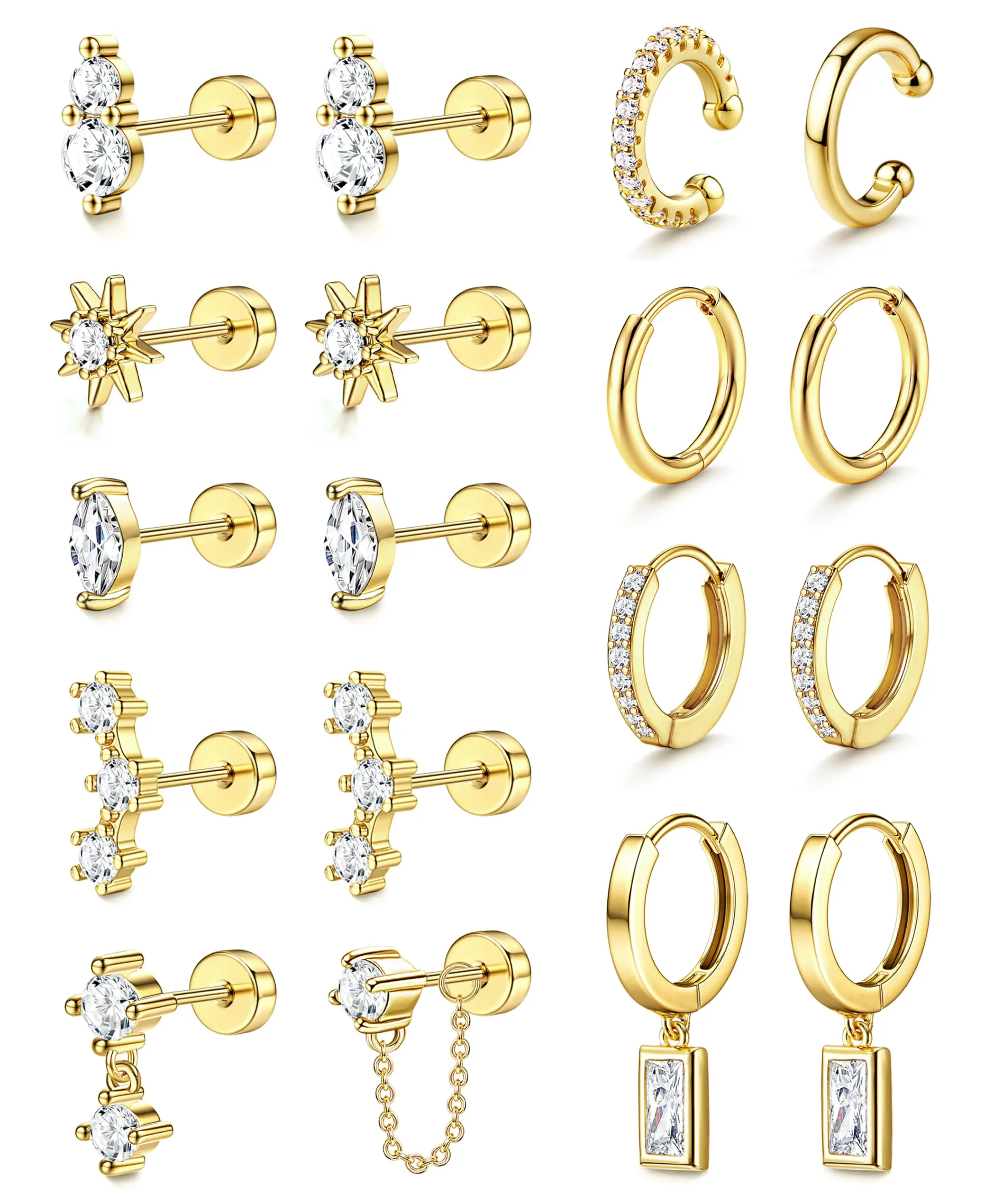 Milacolato Earring Stack, Women's Hypoallergenic 316L Surgical Steel Set with Dainty Flat Back Studs, Hoops & Cuffs for Cartilage, Piercing, Earring Stacking Set, Flat Back Earrings