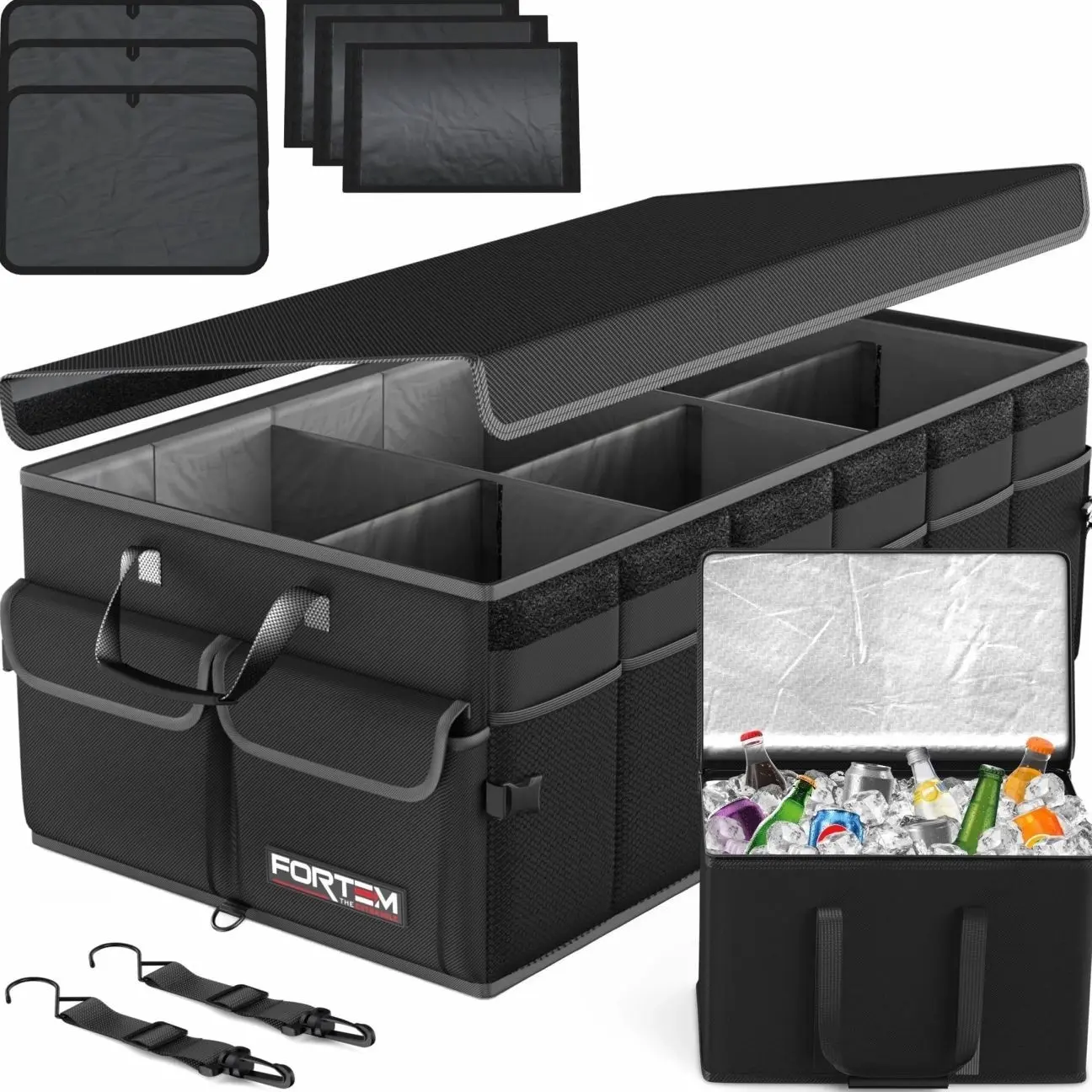 FORTEM Car Trunk Organizer with Cooler, Collapsible Multi Compartment SUV Organizer, Foldable Storage for Car Accessories for Women Men, 600D Oxford, Non Slip Bottom, Securing Straps Soft Cover (105L