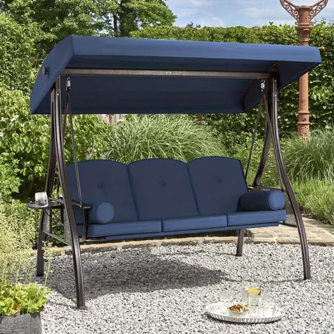 3-Seat Outdoor Swing Chair with Adjustable Backrest, Converts to Lounger Bed, Patio Swing Glider with Removable Cushion & Canopy for Deck, Garden, Backyard, Khaki/Red/Blue/Brown/Gray