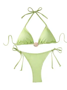 Women's New Sexy Shell, Fine Sparkle Halter Tie Triangle Bikini Swim Top Swimsuit, Perfect for Beach and Poolside