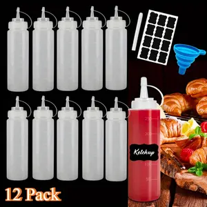 12 Pieces 8 Oz Plastic Squeeze Squirt Condiment Bottles with Cap Lids - Perfect for Condiments, Oil, Icing, Liquids–Set of 12 with Extra 1 Silicone Funnel, 12 Chalk Labels and 1 Pen