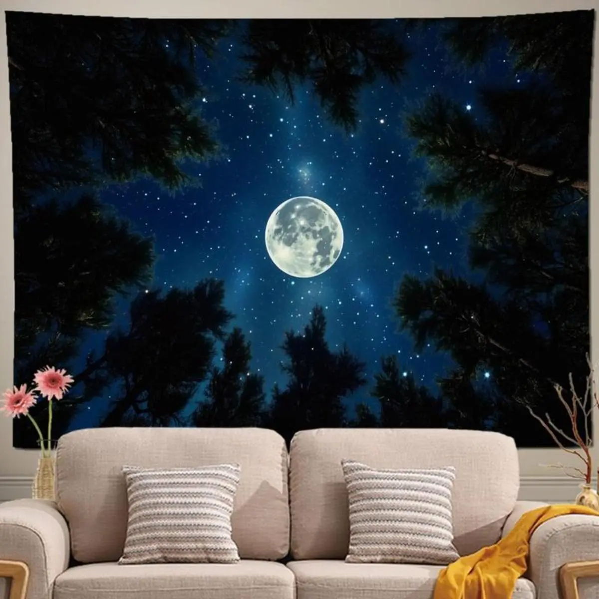 Forest Galaxy Starry Night Tapestry, Blue Aesthetic Moon & Tree Wall Hanging, Milky Way Backdrop for Bedroom Ceiling & Dorm Decor