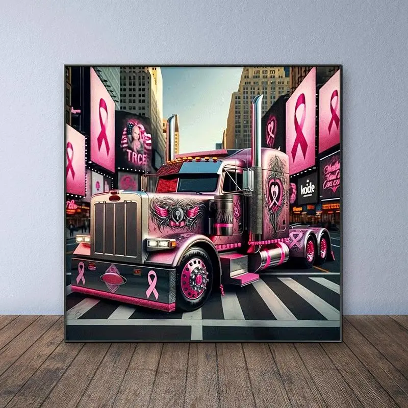 Breast Cancer Awareness Truck Pattern Heart Diamond Arts Colorful Painting Kit, DIY 5D Diamond Arts Colorful Painting Kit, Wall Art Decor for Home