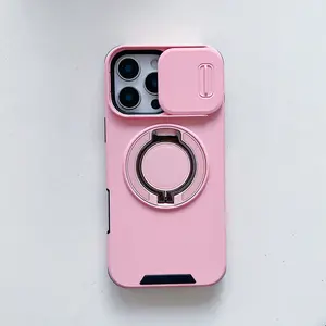 New Creative Magnetic Charging Car Mount Phone Case for iPhone 15 Pro Max, Metal Ring Stand Design, Lens Protection, Full Body Shockproof Protective Cover Casing, Smartphone