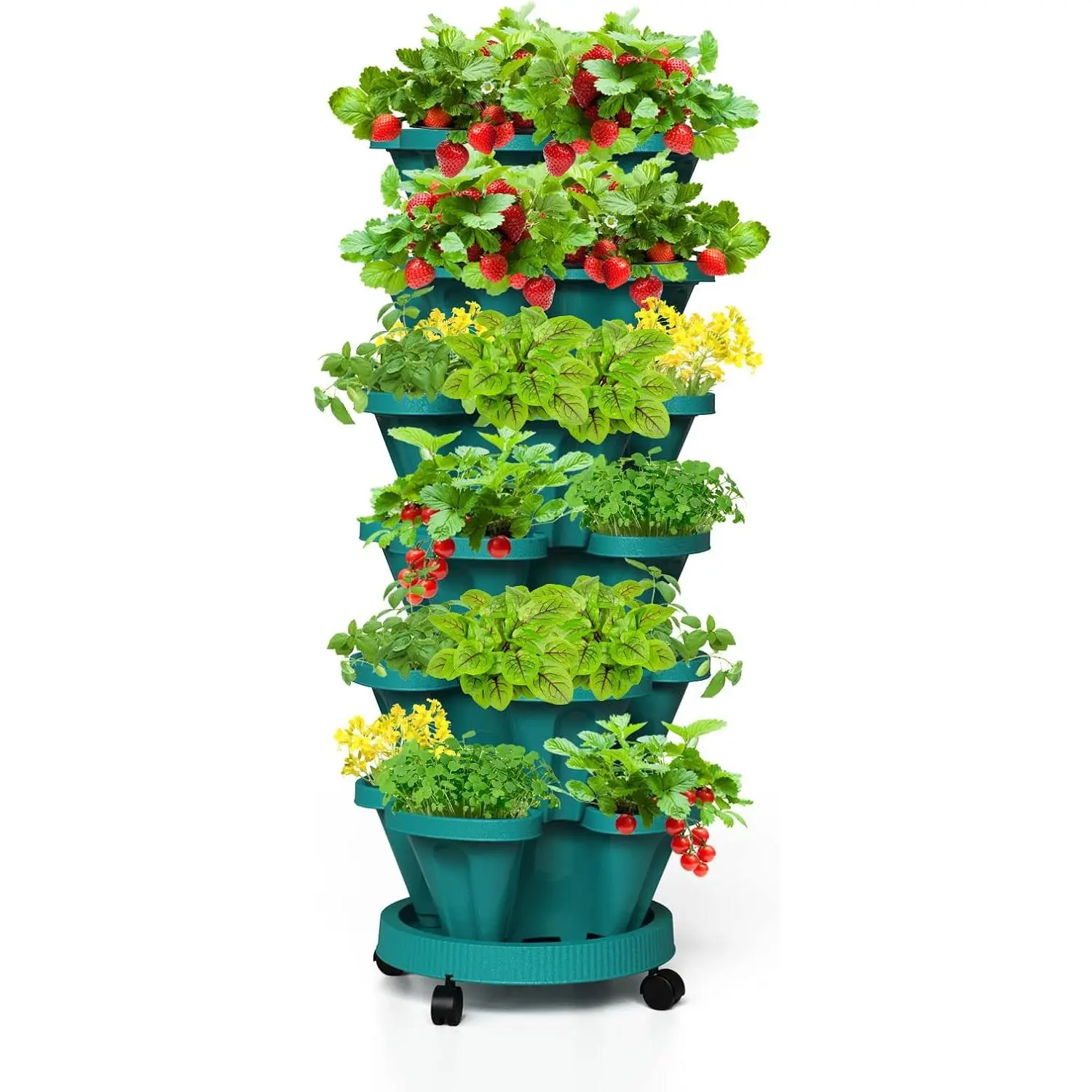 Strawberry Stackable Planters, Vertical Tower Garden, 6 Tiered Stacking  Vegetable Planters with Movable Casters and Bottom Saucer Indoor and Outdoor