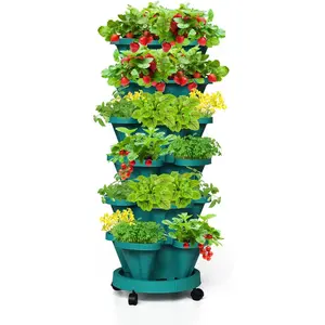 Strawberry Stackable Planters, Vertical Tower Garden, 6 Tiered Stacking  Vegetable Planters with Movable Casters and Bottom Saucer Indoor and Outdoor