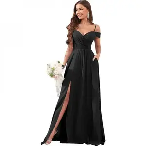 Off-Shoulder Bride and Bridesmaid Dress Long Slit Chiffon Ruched Evening Dress with Pockets Women's Comfortable Thin Strap Ruched Dress