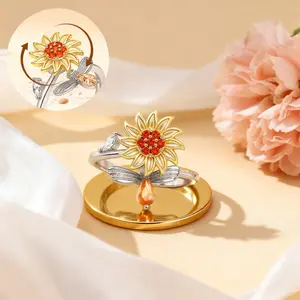 [Summer Vibes] PolarEve Sunflower Spinning Fidget Ring with “You Are My Sunshine” Engraving – Anxiety Relief Finger Spinner Ring for Granddaughter Gift