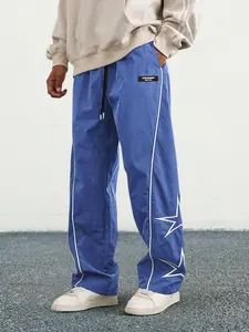 Men's Loose Star Print Drawstring Waist Wide Leg Pants, Casual Pocket Trousers, Casual Streetwear Trousers for Daily Wear, Woven Bottoms for All Seasons, National Day Offers