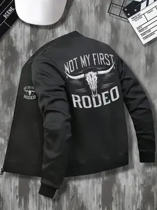 Men's Casual Stand Collar Zipper Jacket, Bull Skull Design, Long Sleeve, Fall Winter Outerwear, Perfect for Denim Racing Fans, Zippered Jacket