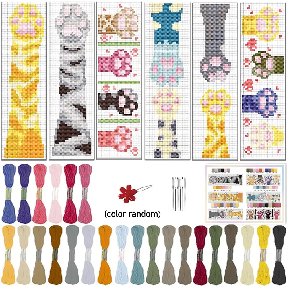 6-Piece Cat-Themed Cross Stitch Bookmark DIY Kit, Fabric Bookmarks with Cat Paw Design, Beginner-Friendly Embroidery Sewing Set, Needle