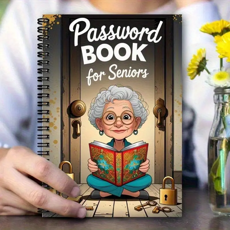 1 pc cartoon spiral password book for the elderly - 70 pages, lock design notebook, Spiral Bound Notepad, with character art, secure password & login organized by home or office use, security tools, cover art, Diary with Lock