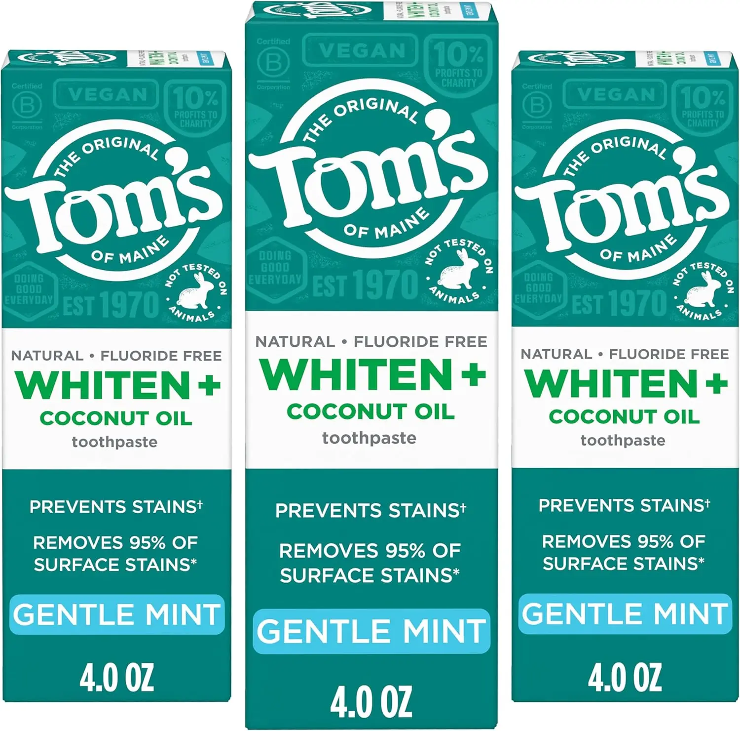 Tom's of Maine Whiten and Coconut Oil Toothpaste, Gentle Mint, 3 Pack, 4 oz | Fluoride Free, Removes 95% of Surface Stains, Plant-Based Cleansers, Whitens Without Sensitivity