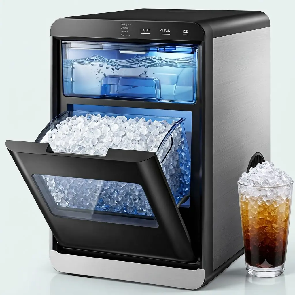 Simzlife Nugget Ice Maker Countertop 44lbs Soft Chewable Pebble Ice Machine Self Cleaning Touch Screen Stainless Steel