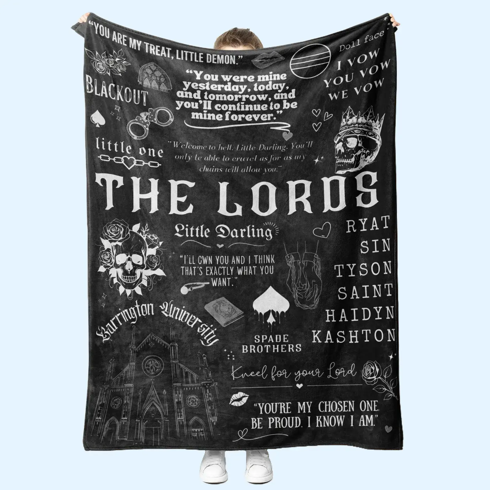 The Lords Spade Brothers Dark Romance Fleece Blanket – Barrington Univeristy Quote Collage Design, Perfect for Dark Romance Book Lovers, Ideal for Book Nook & Bedroom Decor