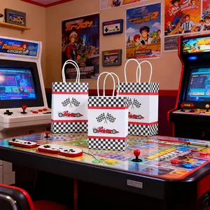 15pcs/30pcs Checkerboard Racing Theme Candy Bags with Metal Handles, Durable Paper Gift Bags with T-Clips, Perfect for Racing Parties