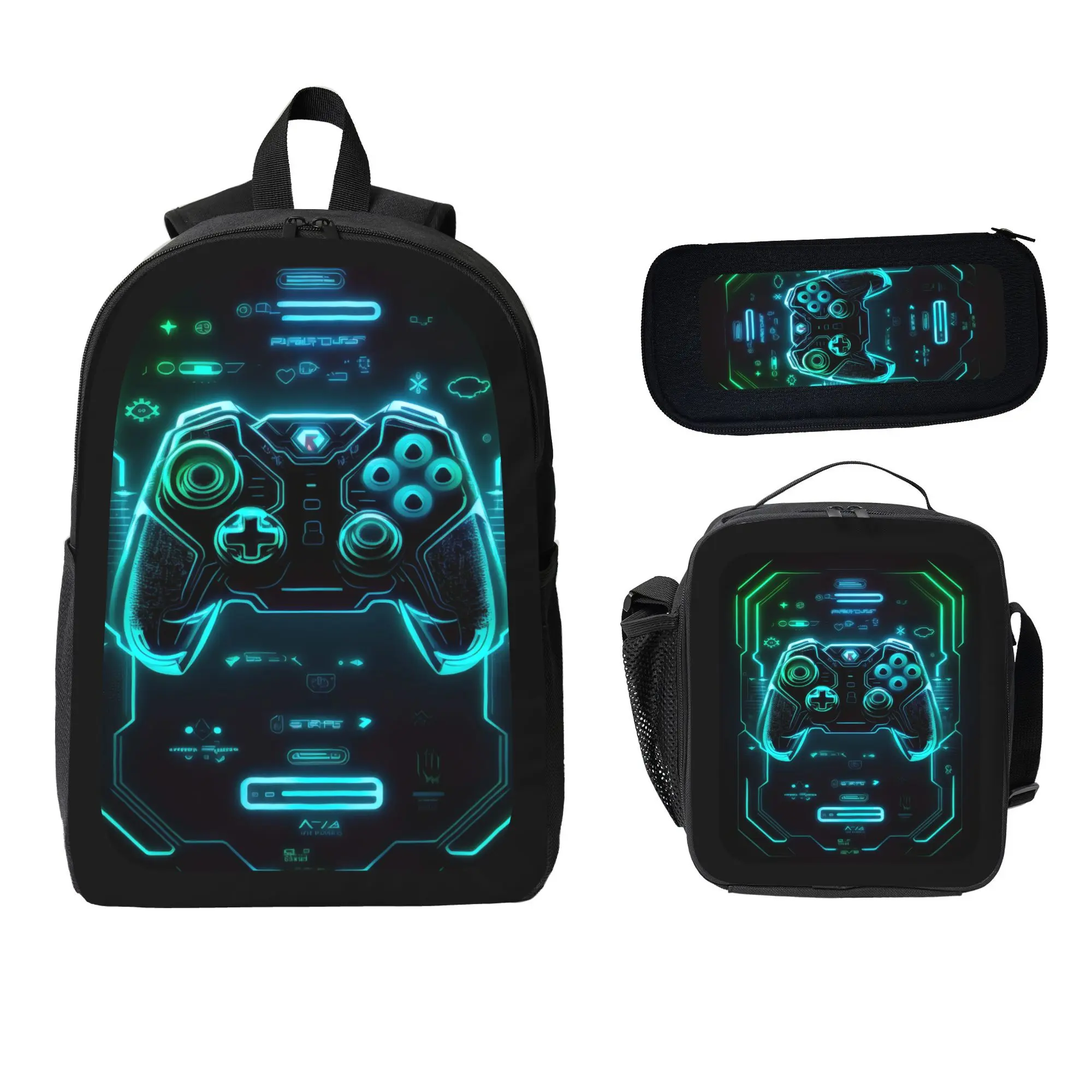 Unisex Retro Gamer Backpack Set - Neon Glowing Game Controller Print, 1/2/3-Piece Kits, Durable, Large Capacity, Large Laptop Compartment, Adjustable Strap, Backpacks for School, Commuting, Ideal Back to School Gaming Gift