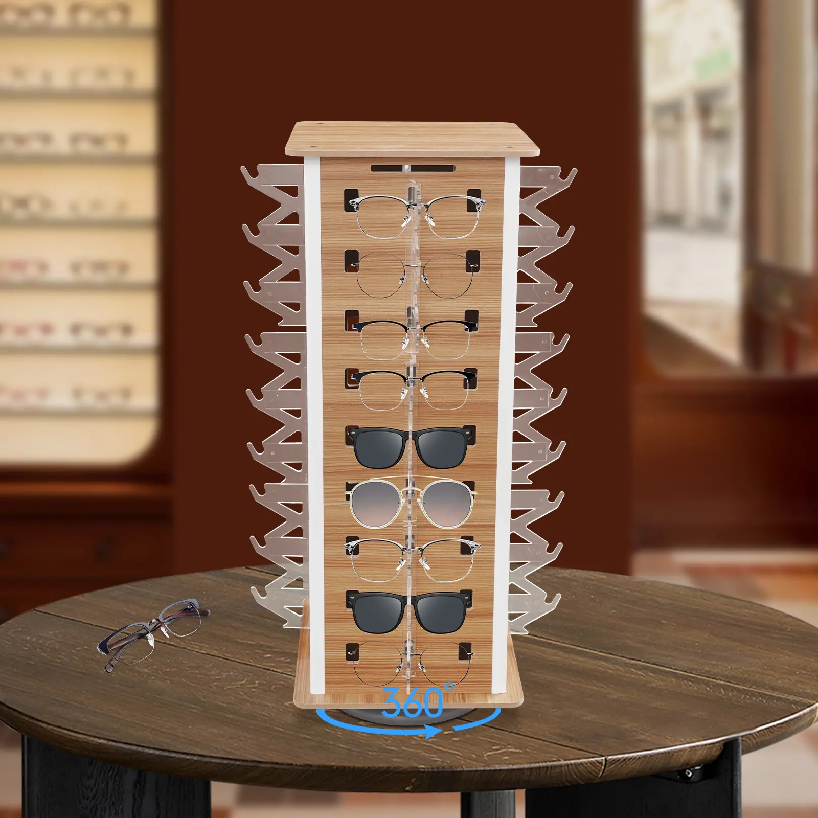 CNCEST Freestanding 360° Rotating Square Sunglasses Organiser, 36-Pair Space-Saving Rack, 4-Sided Maple Wood & Black MDF Eyeglass Holder, 14.17x14.17in Home Organizer for Optical Store Display