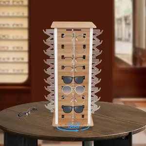CNEST 360° Rotating Sunglasses Display Rack, 36-Pair Eyeglass Holder with 4-Sided Stand, Maple Wood & Black MDF for Optical Store Retail Display, 14.17x14.17 Inch