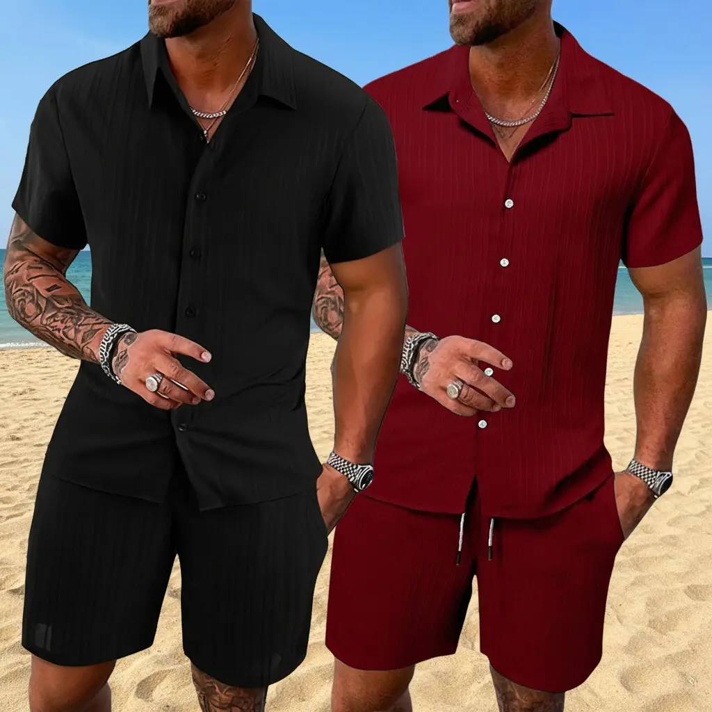 Summer casual short-sleeve shirt + drawstring shorts set — men’s summer beach outfit, 2-piece men’s beach vacation clothing / fabric composition: polyester fiber (waist measurement: stretch the flat waist to a taut state).