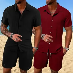 Summer casual short-sleeve shirt + drawstring shorts set — men’s summer beach outfit, available in 1-piece or 2-piece options, men’s beach vacation clothing