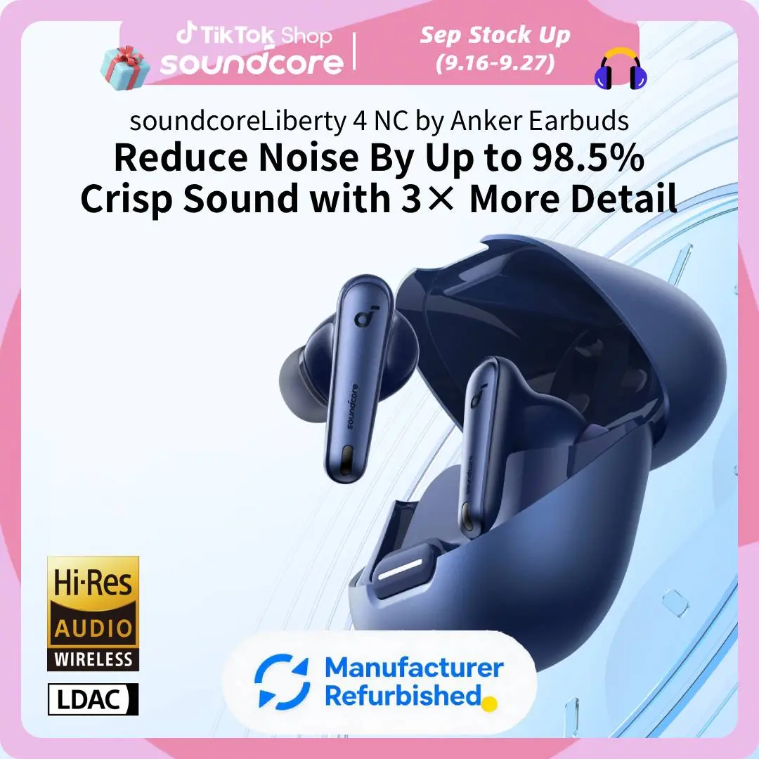 [Refurbished]soundcore by Anker Liberty 4 NC Wireless Earbuds, 98.5% Noise Reduction, Adaptive Noise Cancelling to Ears and Environment, Hi-Res Sound, 50H Battery, Wireless Charging, Bluetooth 5.3, Headphone, Audio #tiktokshopsummersale, Bluetooth Headpho