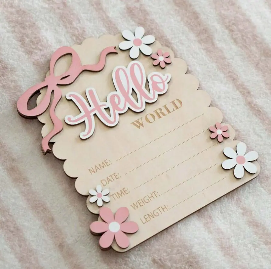Double Sided Newborn Birth Announcement Board Hello World Shes Here Wooden Baby Name Plaque Hospital Sign Baby Photo Prop Keepsake Gift Nursery Decor