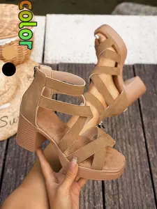 Sweet Cool Style Chunky Heel Platform Sandals, Velvety Material, Waterproof Design, Large Size Women's High Heels, Casual All Seasons Shoes