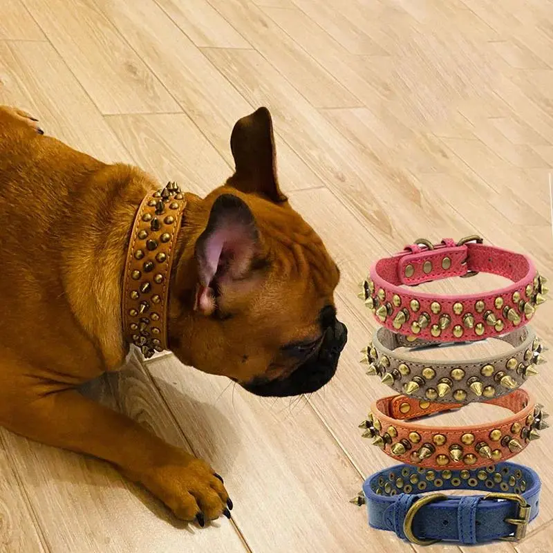 Solid Bronze Spiked Studded Leather Dog Collar - No-Bite Riveted Neck Strap for Small, Medium, Large Pets, Pet Supplies & Dog Accessories