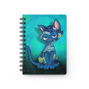 Sassy Cat Art - Artistic Starry Night Sassy Cat Spiral Journal, Whimsical Notebook, Gift for Cat Lovers, Artistic Journal, Creative Writing Journal, Teal Cat Art