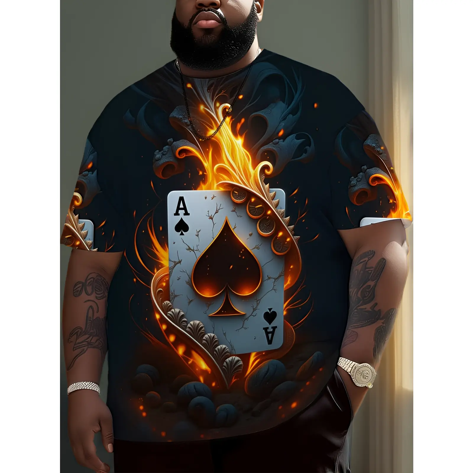 3D Printed T-Shirt, Featuring an Ace of Spades Flame Poker Card Design - Men'S Casual Patterned T-Shirt, Black, Full Print, Street Fashion, Plus Size