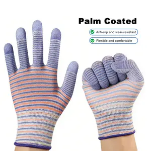 3Pairs Men's Blue PU Coated Work Gloves | Non-Slip Grip | Stretchy Striped Safety Gloves for Gardening & DIY Projects