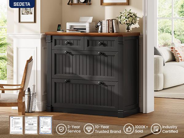 SEDETA 33 Inch 4 Drawers File Cabinet Farmhouse Filing Cabinets for Home Office fit Legal/Letter/A4 File Wood Office File Cabinet with Power Outlets Printer Stand with Storage