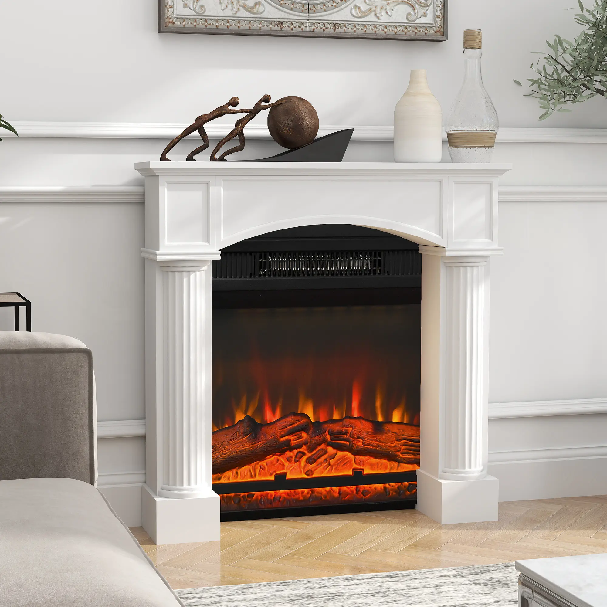 Painted Fir Wood and MDF Fireplace Mantel, White Modern Freestanding Surround with Smooth Surface, Durable and Easy to Clean for Long-term Indoor Use