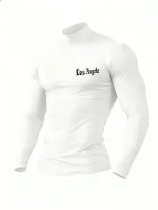 Men's High Neck Letter Print Thermal Slim Fit Long Sleeve Casual Top, Comfortable Daily Wear, Spring & Fall Fashion