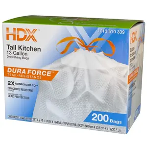 13 Gallon Reinforced Top Drawstring Unscented Kitchen Tall Trash Bags with 20% PCR (200-Count)