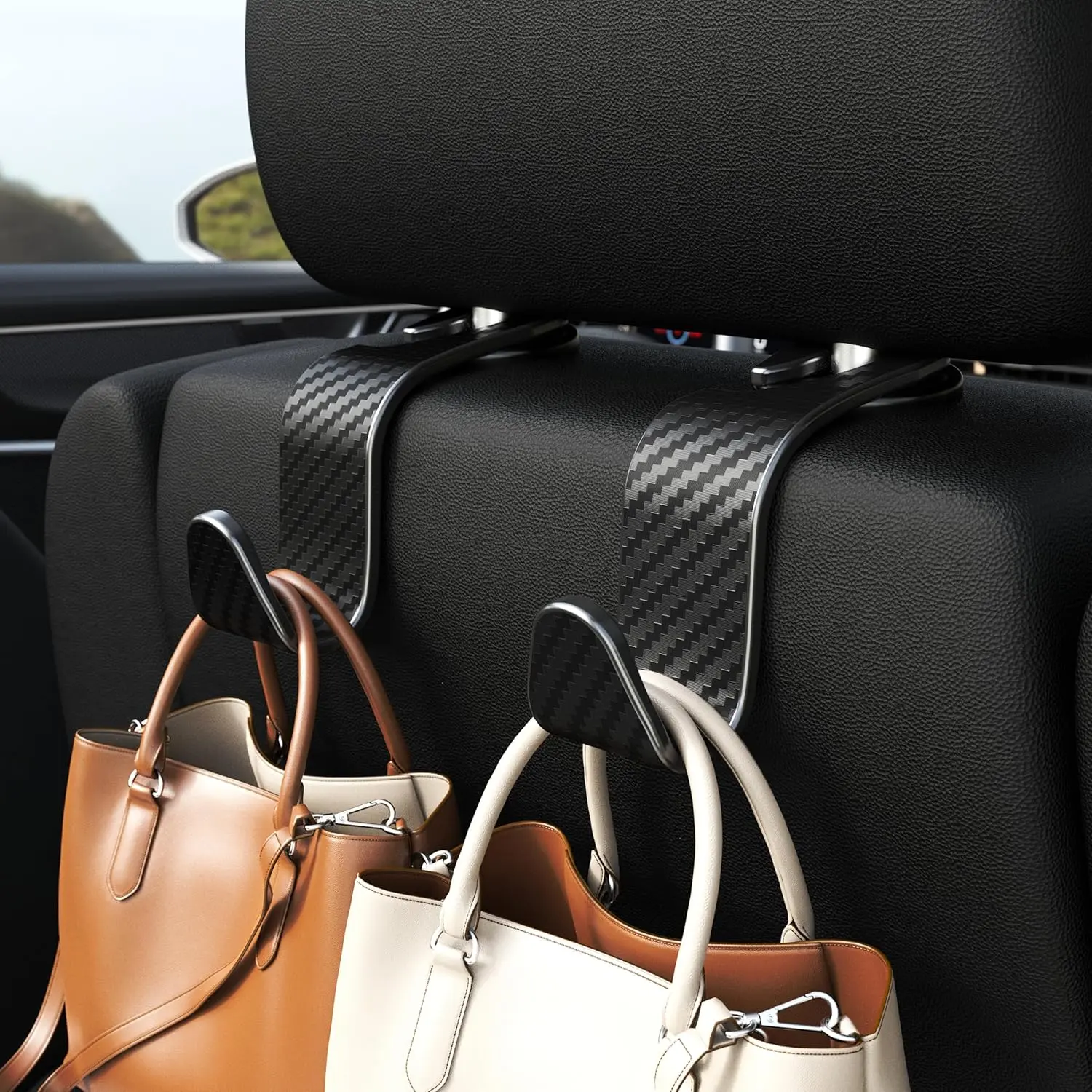 4-Pack Car Headrest Hooks Vehicle Storage Organizer for Purses Handbags Groceries Coats –Holds 55lbs 360° Rotating Simple Design Black Checkered