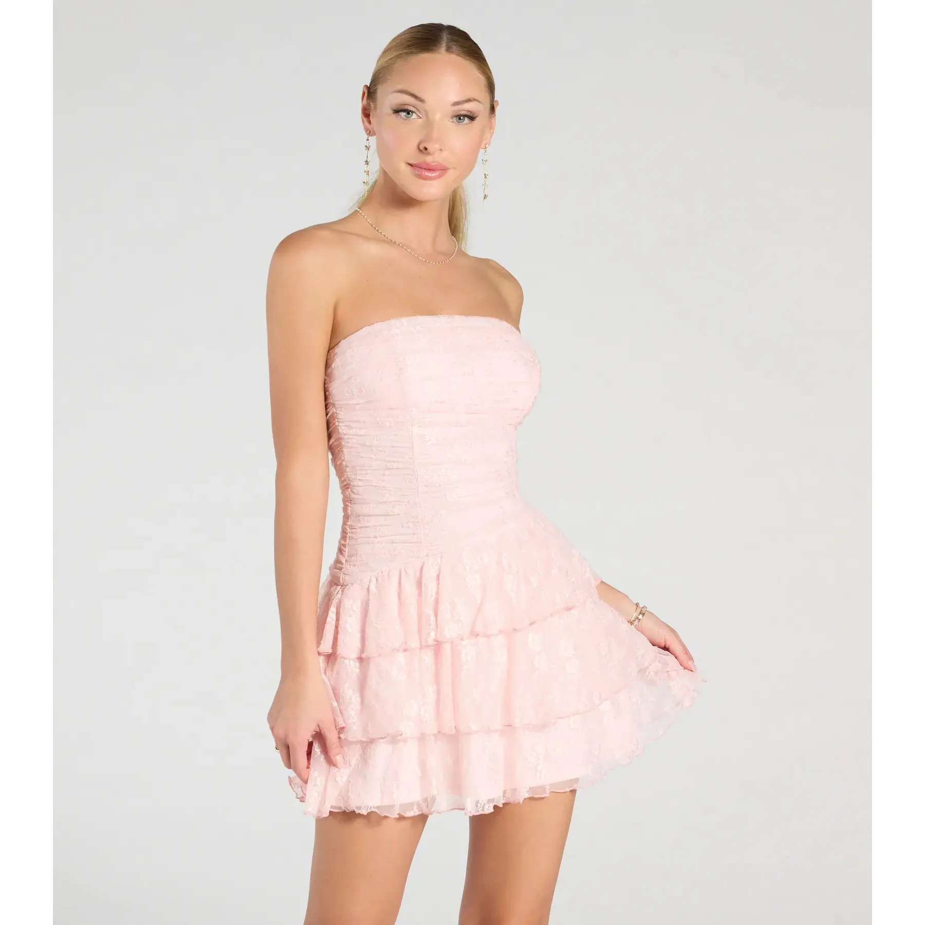bandeau ruched ruffle-trim dress in ivory - TikTok Shop