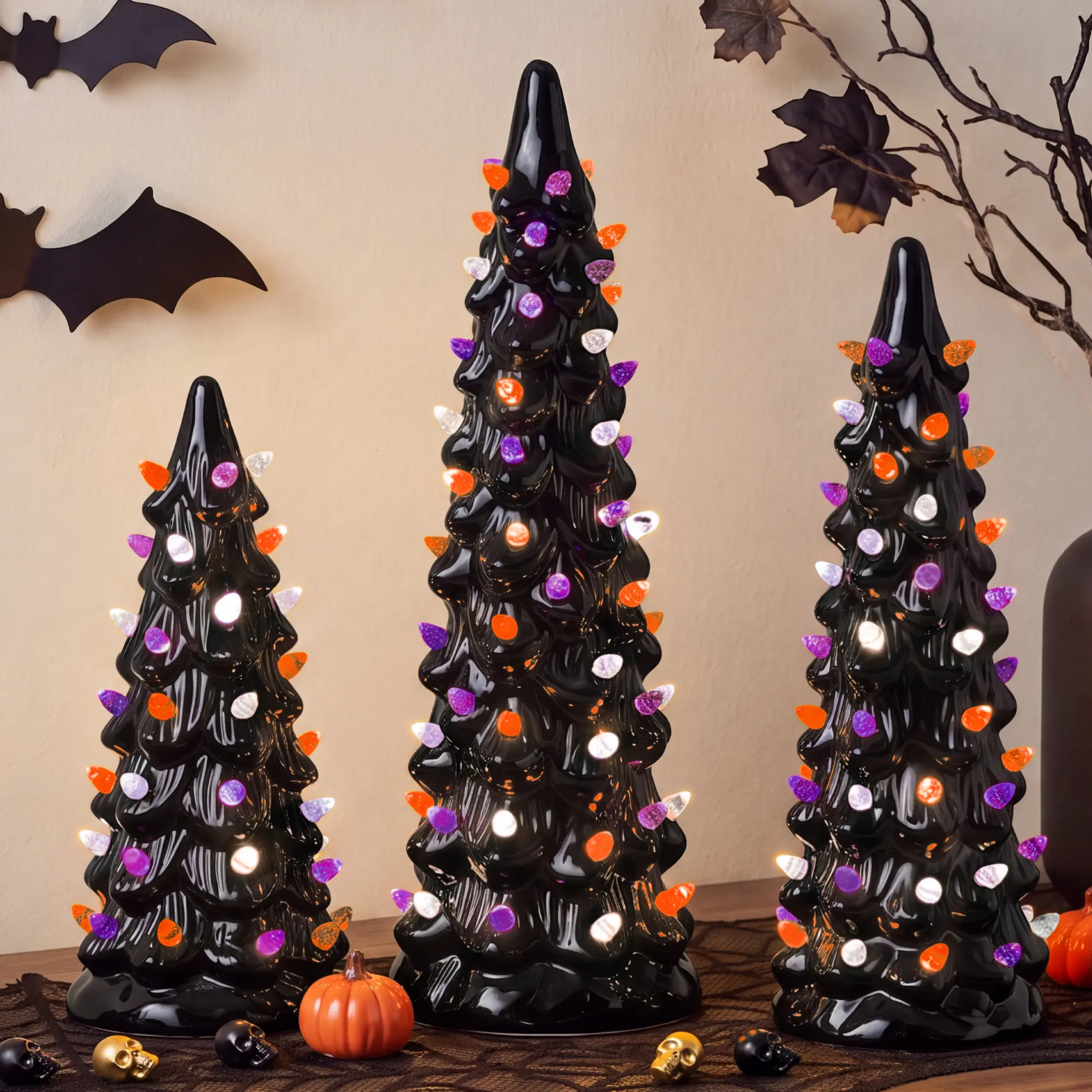 Best Choice Products 3Pc Ceramic Halloween Trees, Pre-Lit Hand Painted Pencil Tabletop Holiday Decoration LEDs