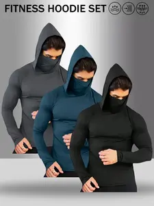 Men's 3 Color Hooded Face Cover Compression Long Sleeve, Workout Muscle Fit Hooded Mask Athletic Top, Fitness Hoodie, Sun Protection Shirt for Gym, Outdoor #springsaledeals2026 #summeroutfits #tiktokshopmademebuyit #menfashion