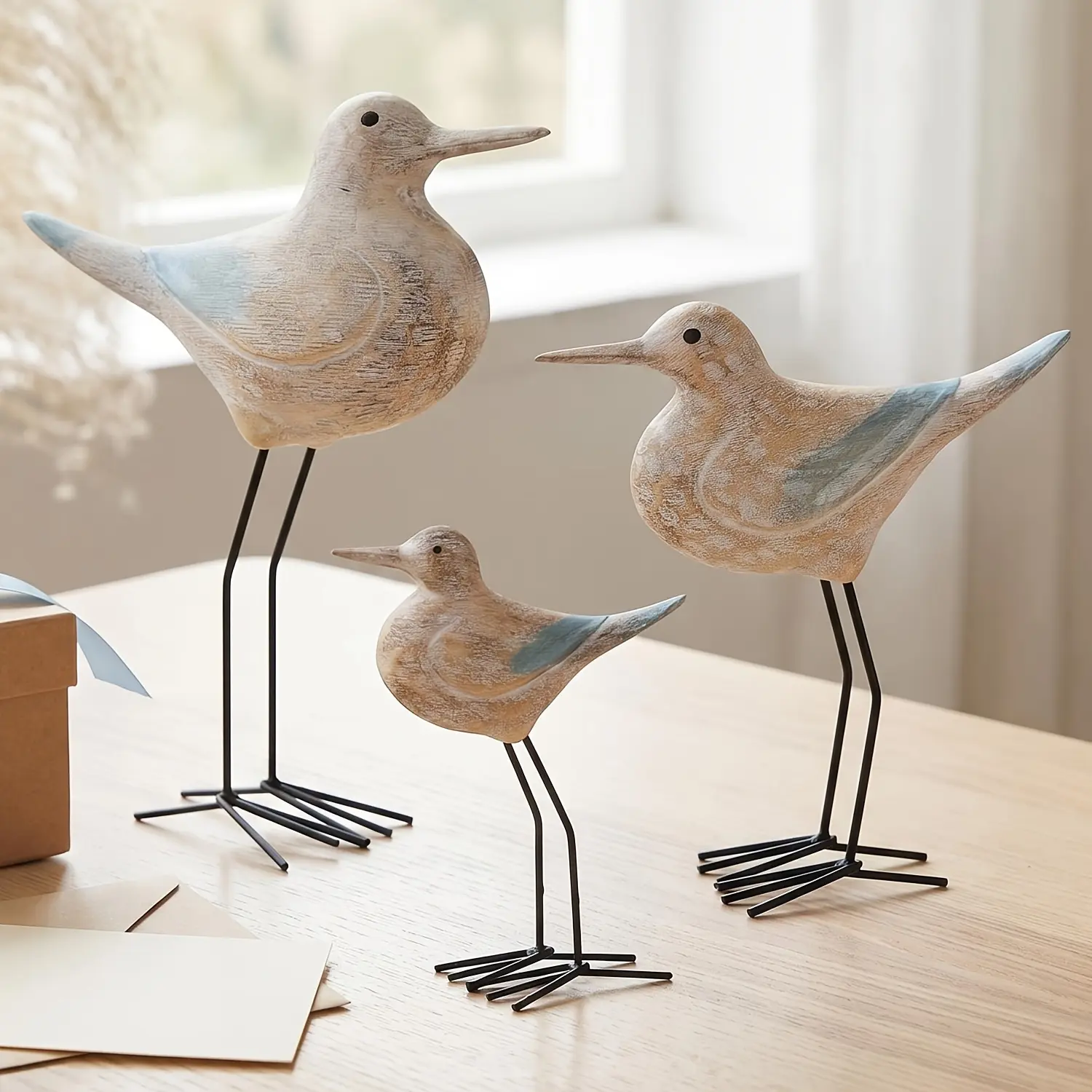 3 Pack Assorted Sizes Handmade Wooden Bohemian Seagull Figurines, Lifelike Coastal Mediterranean Nautical Ocean Bird Statues, Decorative Ornaments for Beach House Garden Living Room Shelf Patio Tabletop, Christmas Halloween Mother's Day Gift