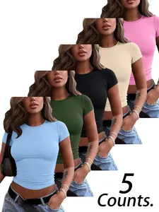 5 Pieces Cropped T-shirt Women，Solid Color Plain Round Neck Women's Short-Sleeve T-shirt Tops,Women's Breathable Thin  TikTok Trending Cropped  T-shirt Women