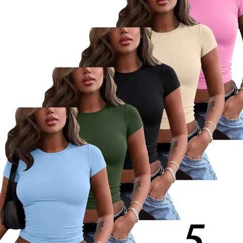 3 Pieces / 5 Pieces Women's Cropped T-Shirt, Solid Color Plain Round Neck Short-Sleeve Tops, Breathable Thin Casual Daily Wear Casual Tee Shirts