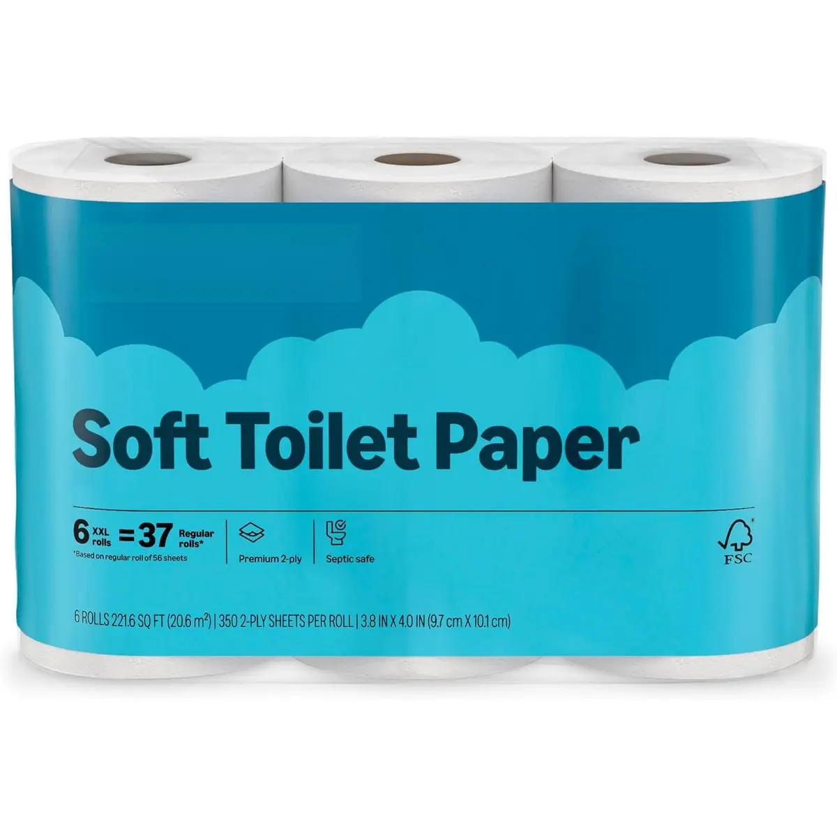 2-Ply Soft Toilet Paper, 6 Rolls, 350 Sheets per Roll, Equivalent to 37 Regular Rolls, Septic Safe