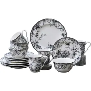 Adelaide 16- Black Porcelain Dinnerware Set  Service for 4, Featuring Hand-Applied Romantic Woodland Bird Design, for Everyday Dining & Entertainment, Microwave & Dishwasher Safe