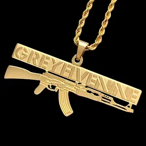 GREYFIVENINE AK-47 Necklace 1.5" Gold Plated Etched & Polished Stainless Steel G59 GREY59 Pendant Hypoallergenic Rust Resistant with Choice of Chain Suicideboys Free Gift Included