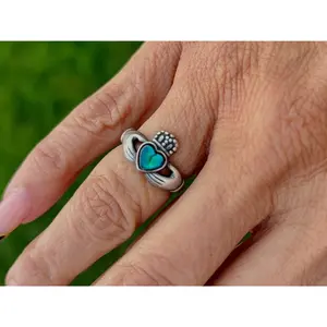 Sterling Silver Claddagh Ring with Blue-Green Heart Accent Stone - Size 4.75